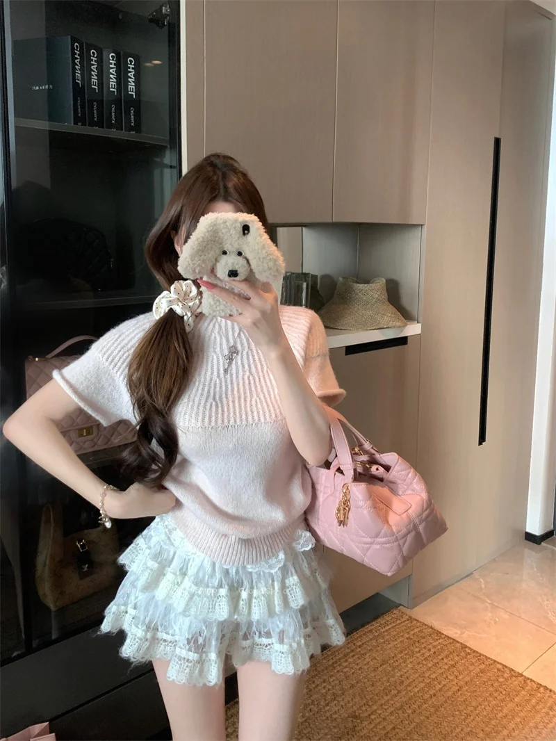 

Kumikumi Pink Knitwear Half High Collar Short Sleeve Women's Fashion Slimming Elegant Top Spring Sweet Style Loose Fit