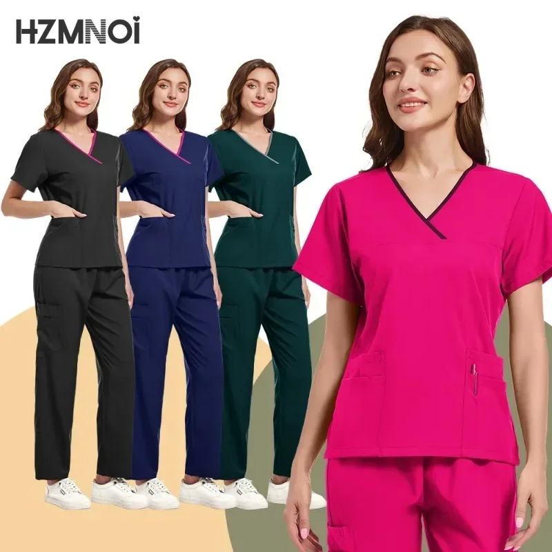 

Women Medical Uniforms Elastic Scrubs Sets Hospital Surgical Gowns Short Sleeve Tops Pant Nursing Accessories Doctors Clothes