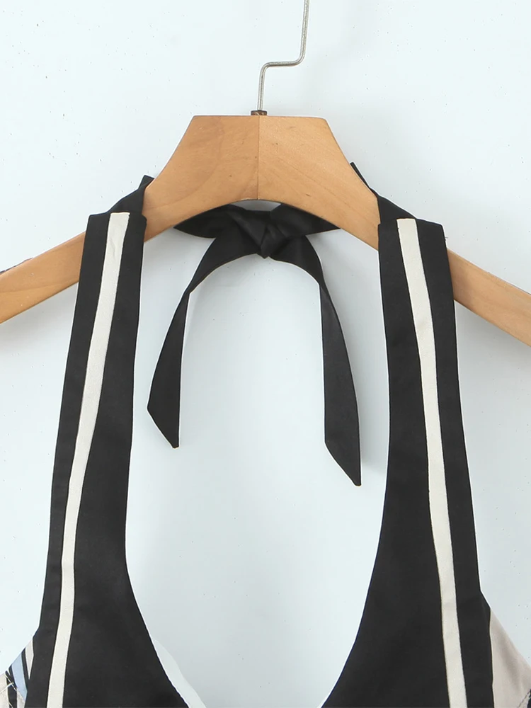 تشو ساو بيوتي 2025 المرأة موضة جديدة حلوة مخطط طباعة شيك بلا أكمام اقتصاص القمم خمر الرسن الرقبة مثير سليم بروتيل #3