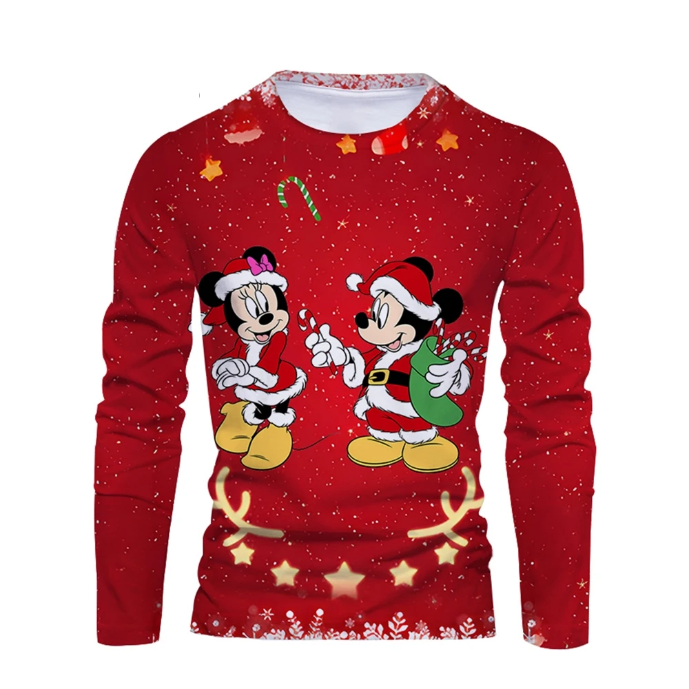 

Уличная одежда 2025 года, Рождественская осень, новинка, Микки и Минни, аниме, бренд Диснея, модная повседневная трендовая мужская футболка с круглым вырезом и длинным рукавом