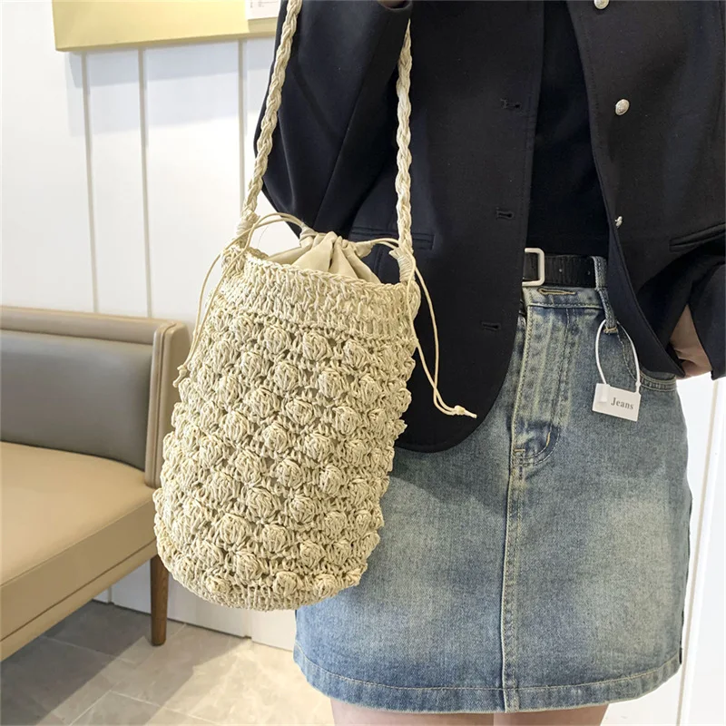 Summer Handmade Crossbody Bag for Women Beach Bag Weaving Drawstring Straw Bucket Shoulder Bag Female Travle Small Handbags Tote