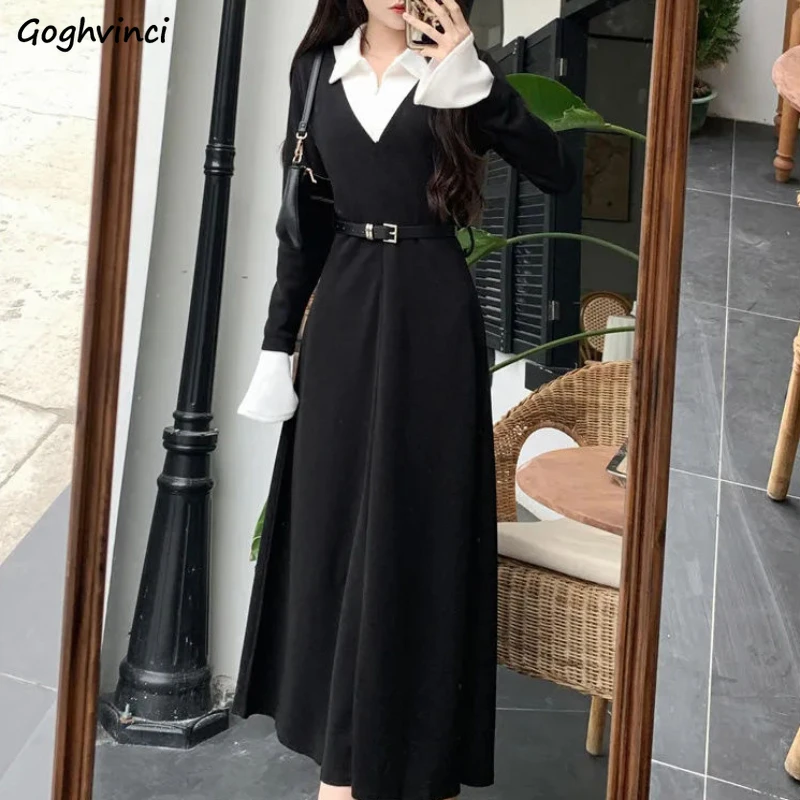 Panelled Dresses Women Midi Office Lady Fake 2 Pcs Long-sleeve Gentle A-line Korean Fashion Clothing Autumn V-neck Temperament