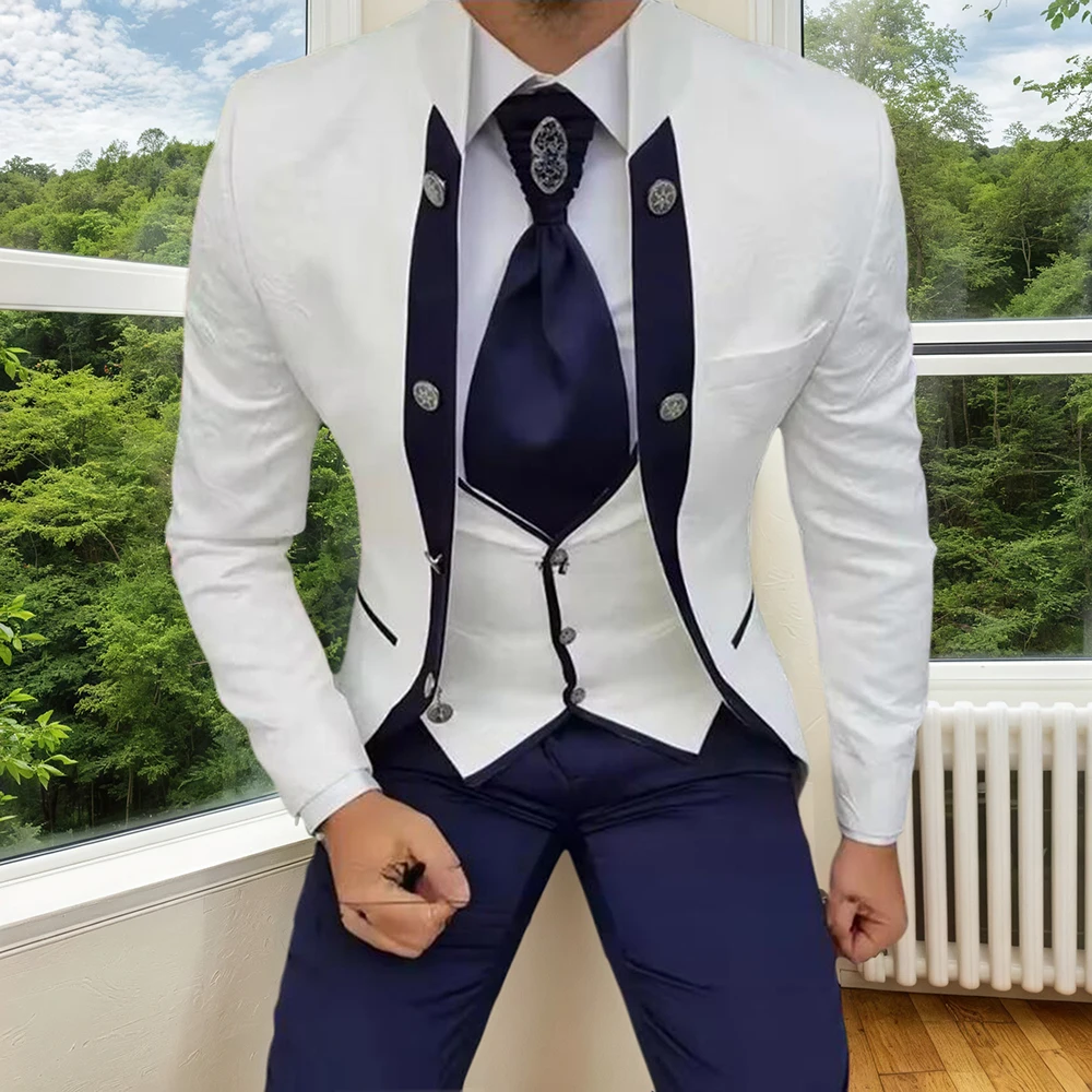 Элегантные белые свадебные мужские костюмы из трех предметов, высококачественный деловой мужской костюм с воротником-стойкой, приталенный свадебный смокинг жениха (пиджак + жилет + брюки)
