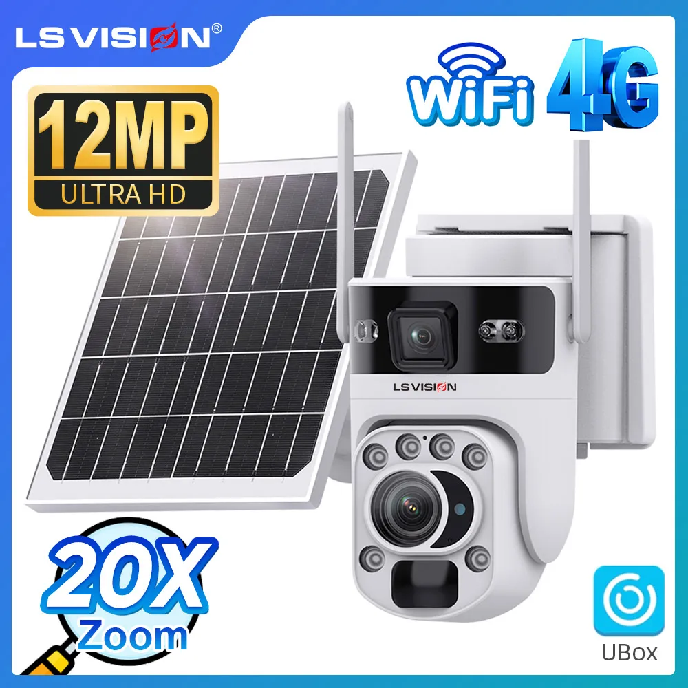 

LS VISION 20X Optical Zoom Dual Screens 4G Solar Camera 12MP WiFi PTZ PIR Detection Auto Tracking Surveillance Cameras Ubox App