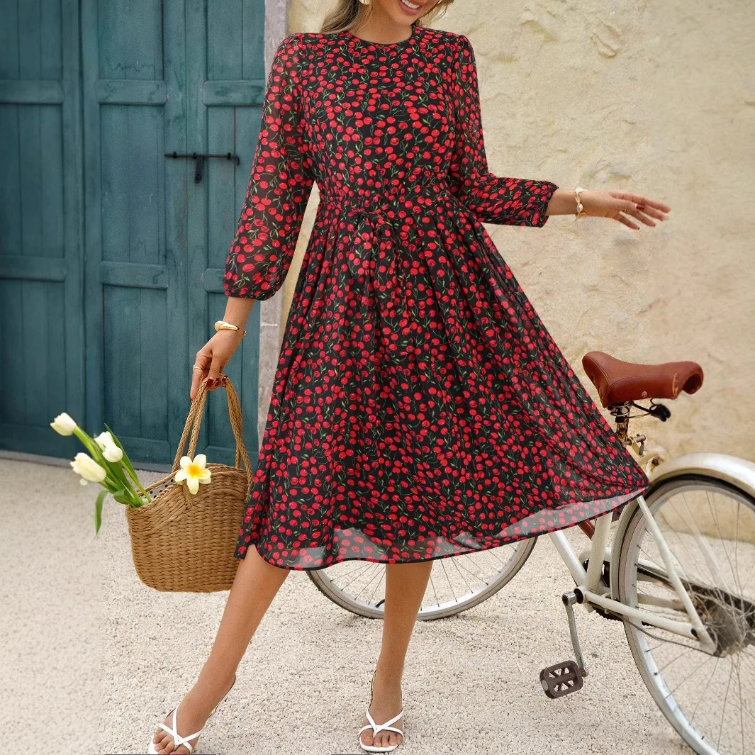 

Holiday Style Dress with Casual Printed Straps Waist Cinching Dress for Women 2025 Summer Dresses m
