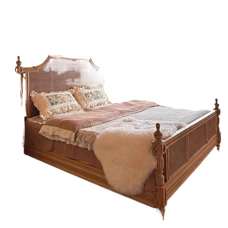 French retro rattan bed, homestay hotel solid wood rattan master bed
