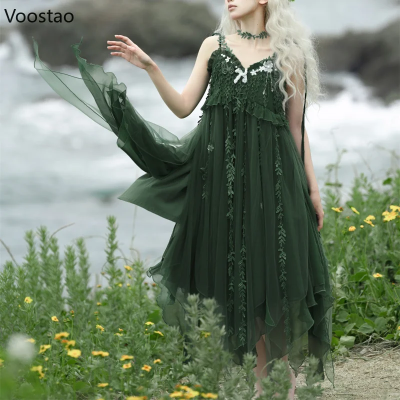 Mori Girl Sweet Lolita Princess Dress Women Sweet Green Butterfly Embroidery Cane Vine Design Party Midi Dresses Elegant Vestido