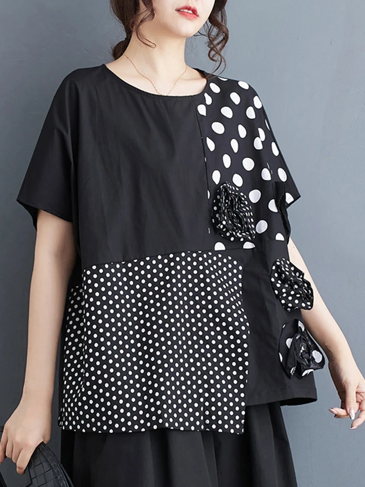 Black Vintage Oversized Polka Dot T-shirt Women O-Neck Short Sleeve Loose Casual Tshirt Tops Fashion Clothing New Summer 2024