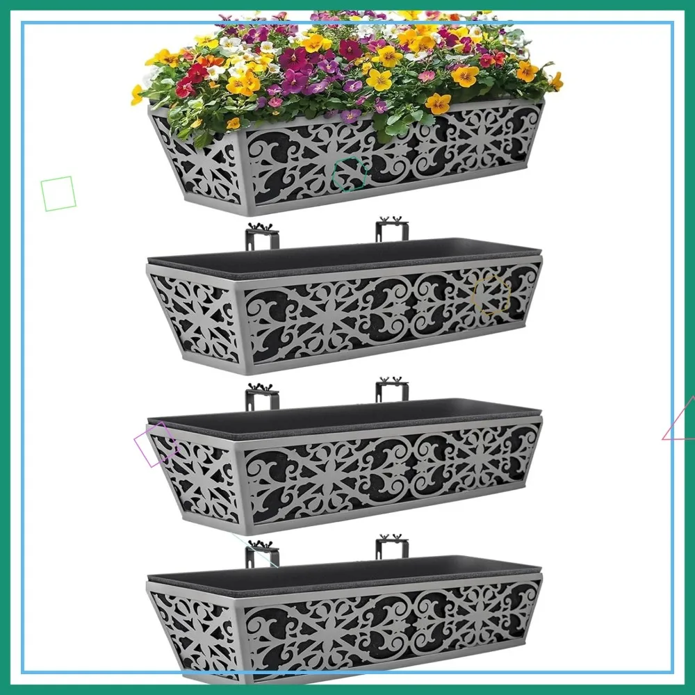 

4 Pack 24 Inch Window Box Planters with Adjustable Brackets for Outdoor Garden Decor