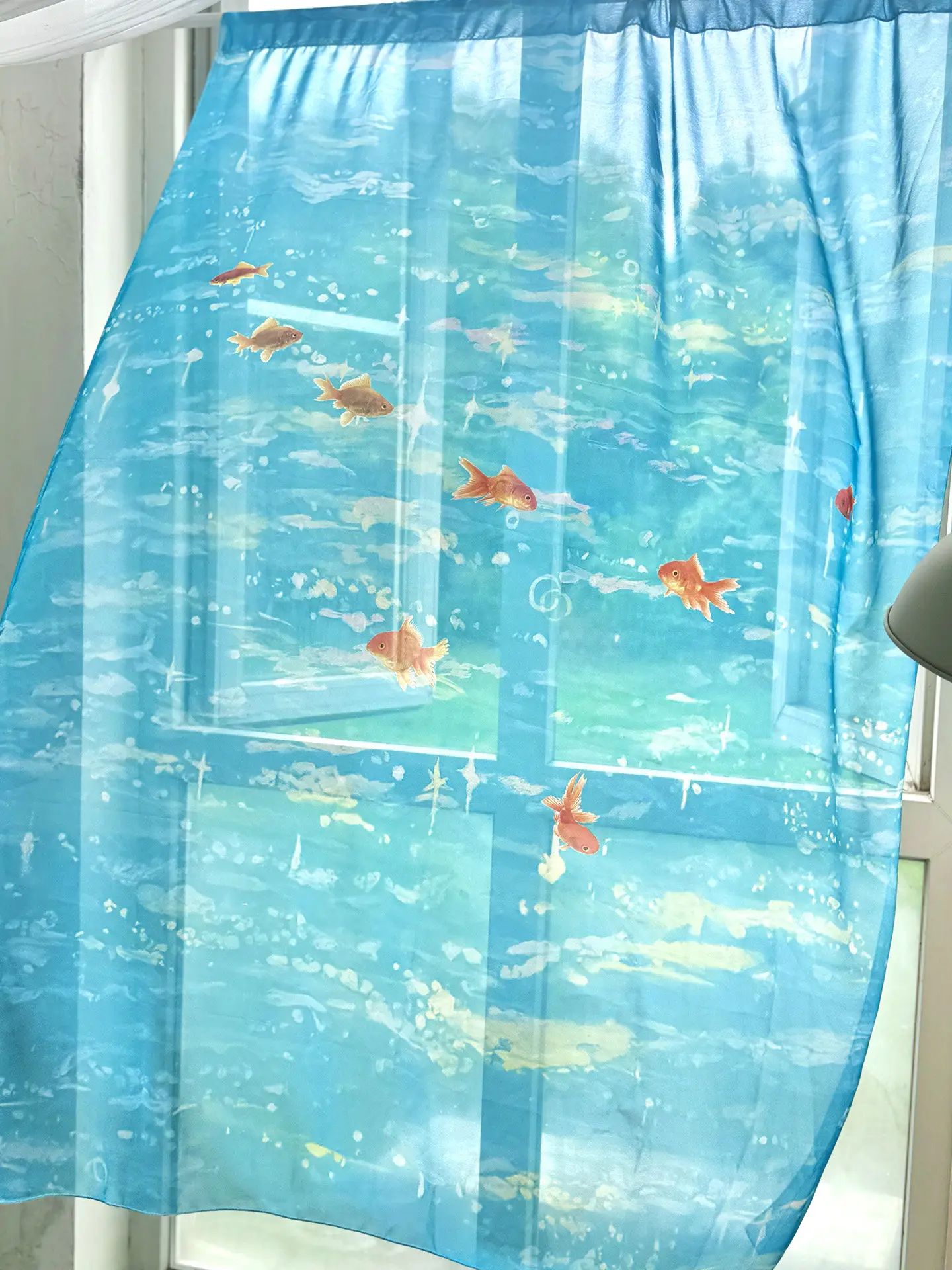 Blue Sea Goldfish Pattern Curtain Transparent Chiffon Screen Window Curtain Floating Balcony Living Room Partition Decoration