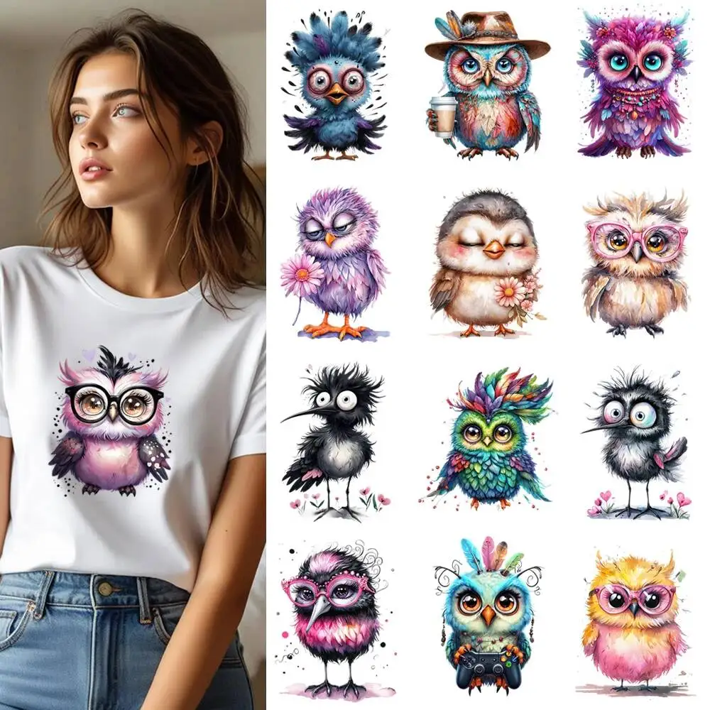 Cartoon Watercolor Painting Of Birds Heat Transfer Patches For Clothes DIY A-Level Washable T-shirts Iron-on Thermal Stickers