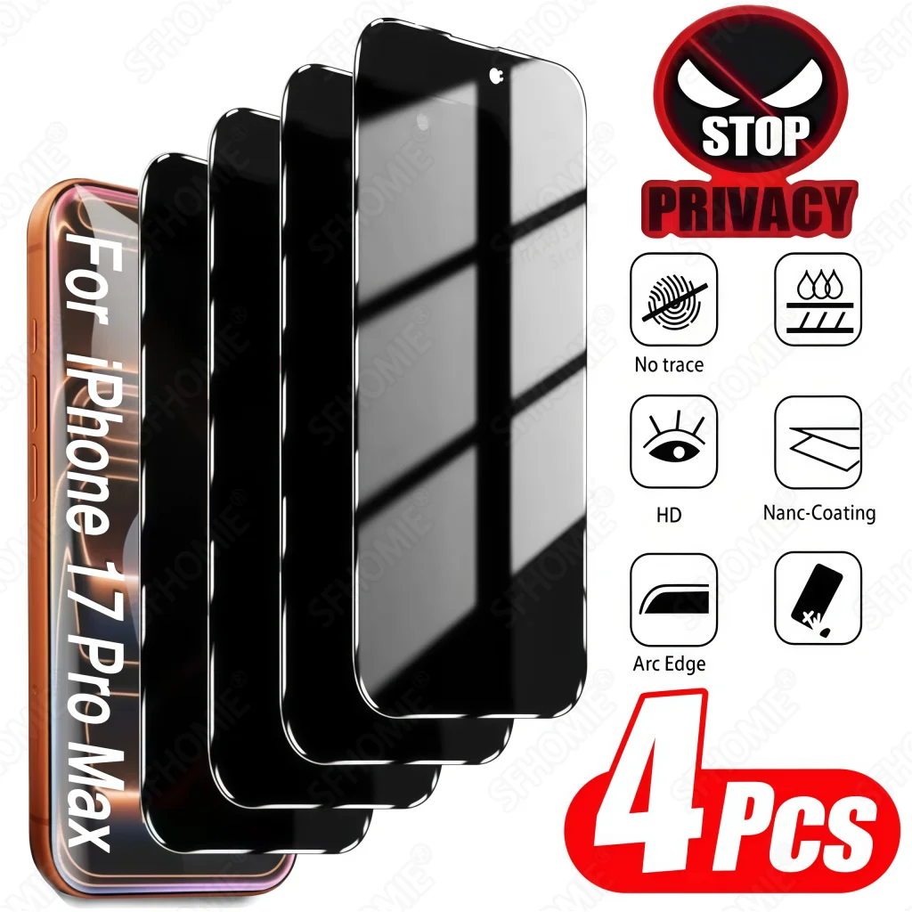 4er-Set Anti-Spionage Displayschutzfolie für iPhone 11 12 13 14 15 16 17 Pro Max 14 15 16 Plus 16e 17 Air 17e – Blickschutzfolie aus gehärtetem Glas