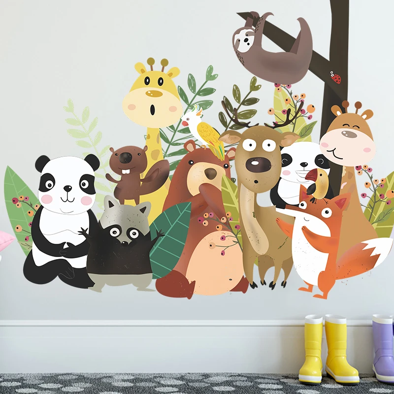 Cartoon Panda Fox Giraffe Sloth Wall Stickers For Kids Bedroom Decoration Animal Party Mural Art Diy Home Decals Pvc Poster