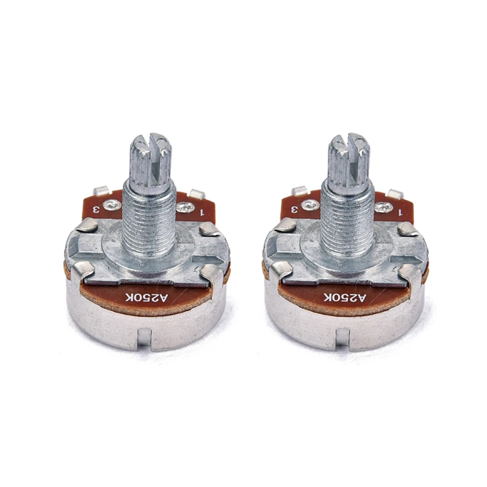

2pcs A250K Long Knurled Shaft Electric Bass Guitar Volume Tone Pots Audio Taper Potentiometer Replacement Sturdy Professional