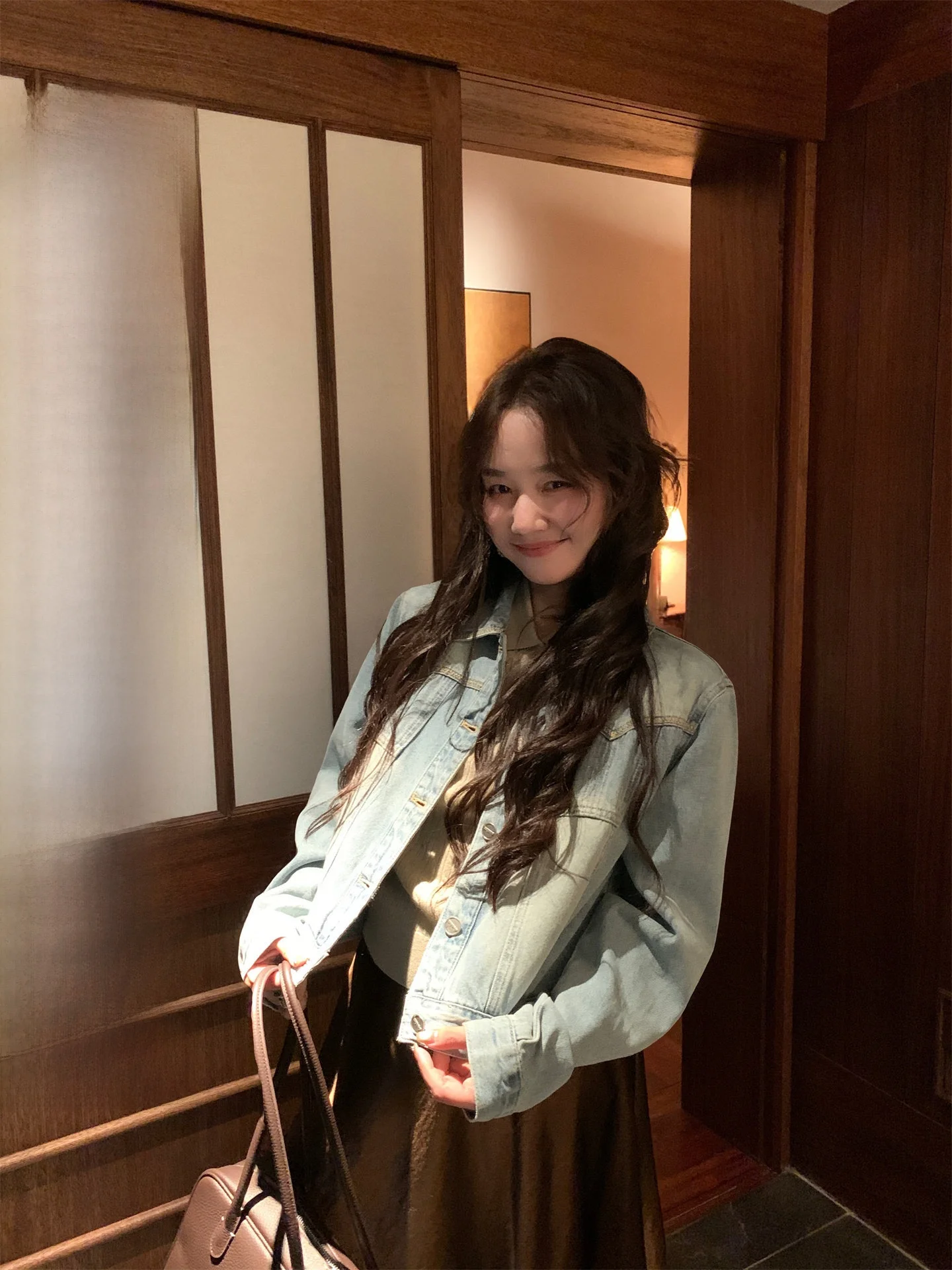 

Wang's Retro Coin Flip Collar Casual Denim ort Jaet Women's Early Autumn oulder Length irt Straight Cotton Blend