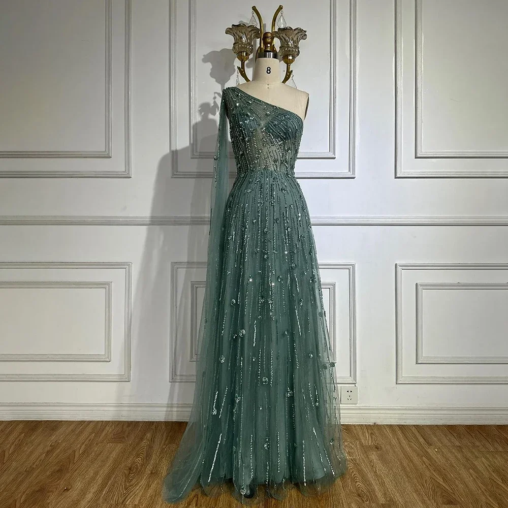 Serene Hill  Green A Line One Shoulder Cape  Beaded  Evening Dresses Gowns  LA72503 Customized