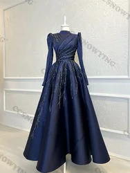 Navy Blue Satin Beaded Muslim Evening Dresses Long Sleeve Hijab Women Islamic Formal Party Gown Arabic Dubai Robes De Soirée