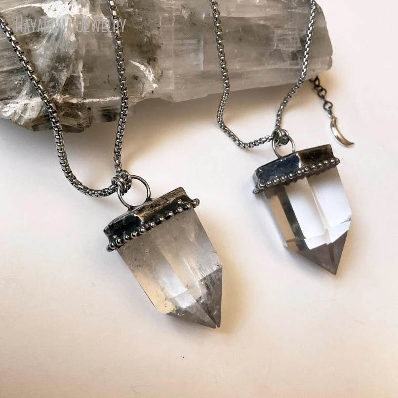 

10PCS Clear Quartz Crystal Necklace Gemstone Talisman Wicca Witch Goth Boho Cosplay Festival Stainless Steel Chain Jewelry