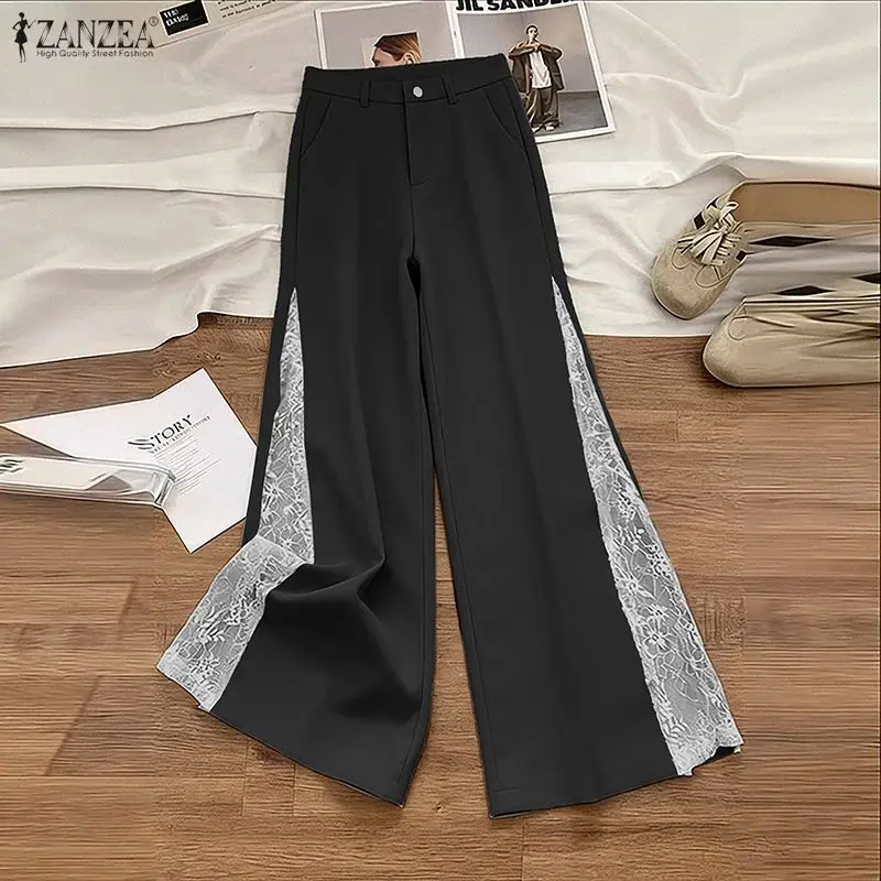 2026 ZANZEA أزياء من الدانتل بنطلون المرأة طويلة بنطال ذو قصة أرجل واسعة المرقعة عالية الخصر أنيقة عادية فضفاض مكتب بنطلونات الشارع الشهير #5