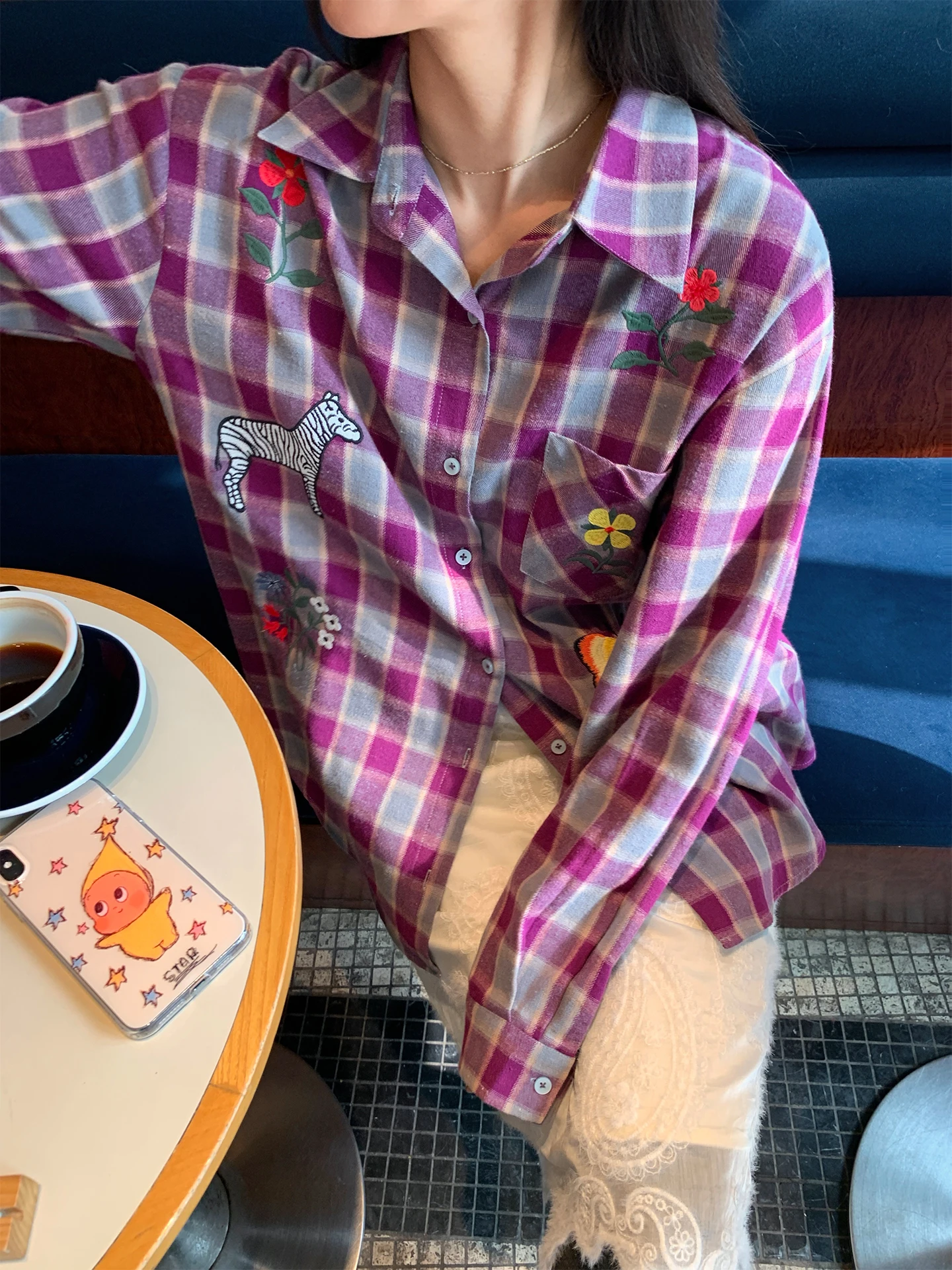 

Unique Beautiful Purple Plaid irt oulder Drop Sves Early Spring Casual Loose Fit Long Sve Cotton Women's Top