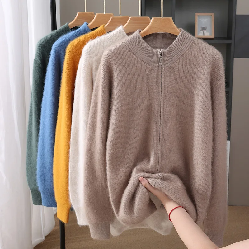 

Мужской 100% норковый кашемировый свитер, кардиган на молнии с воротником-стойкой, толщина, умный повседневный кашемировый трикотаж, пальто, осенне-зимние мужские топы