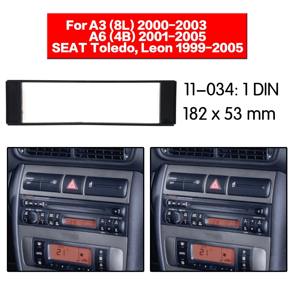 Fascia 1 Din Frame Guarnição De Rádio, Estéreo Facia Placa, CD Dash Capa, Audi A3 8L A6 4B Assento Toledo Leon Fiat Scudo