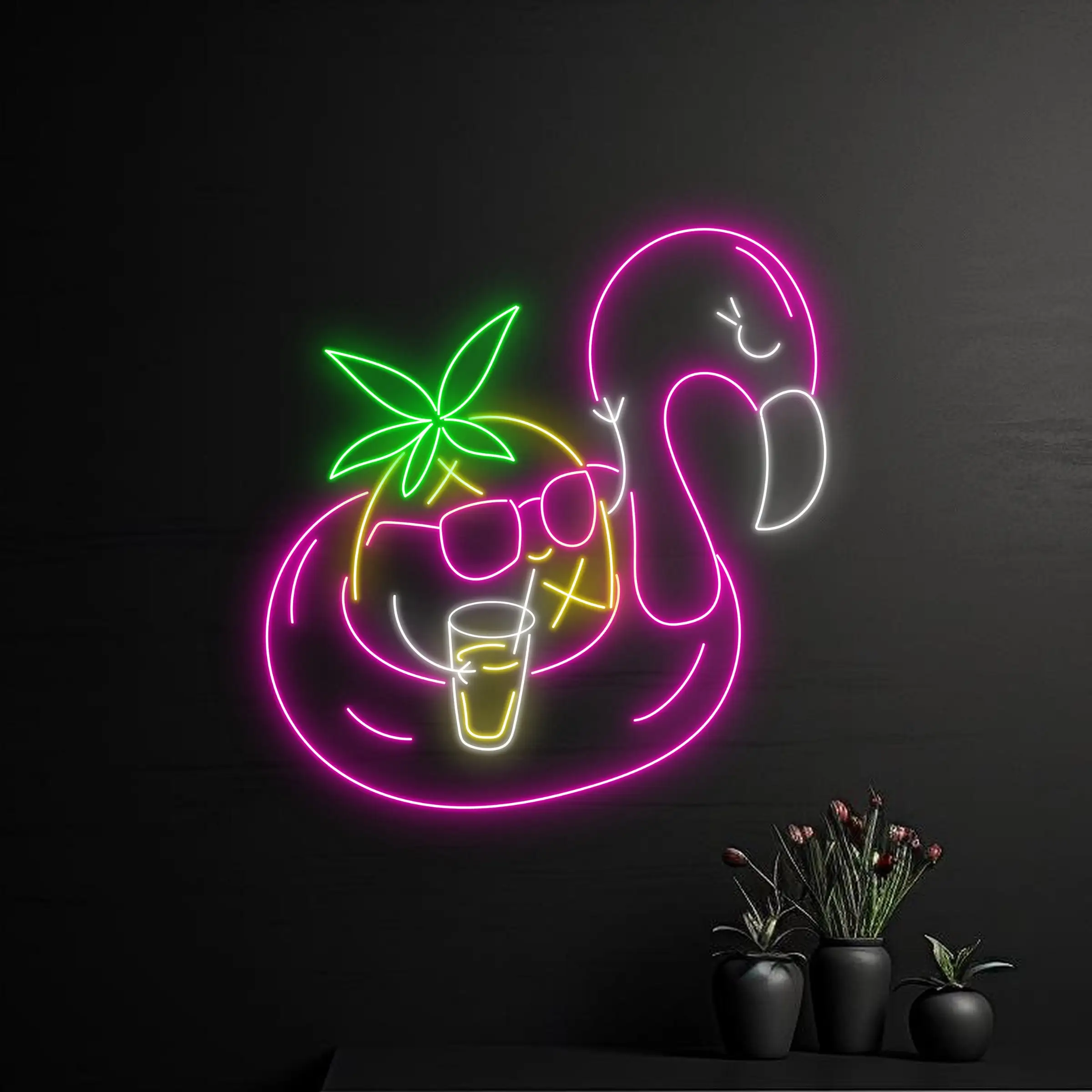 

Flamingo Pineapple Neon Sign Drinking Business Shop Bar Club Sign Summer Trip Wall Art Decor Tropical Glasses Drink Neon Bedroom