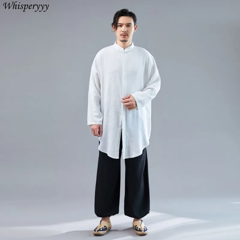 

2025 New Loose Batsleeve Retro Casual Long-sleeved Shirt Solid Color Fashion Vintage Chinese Style Top Men's Kung Fu Uniform