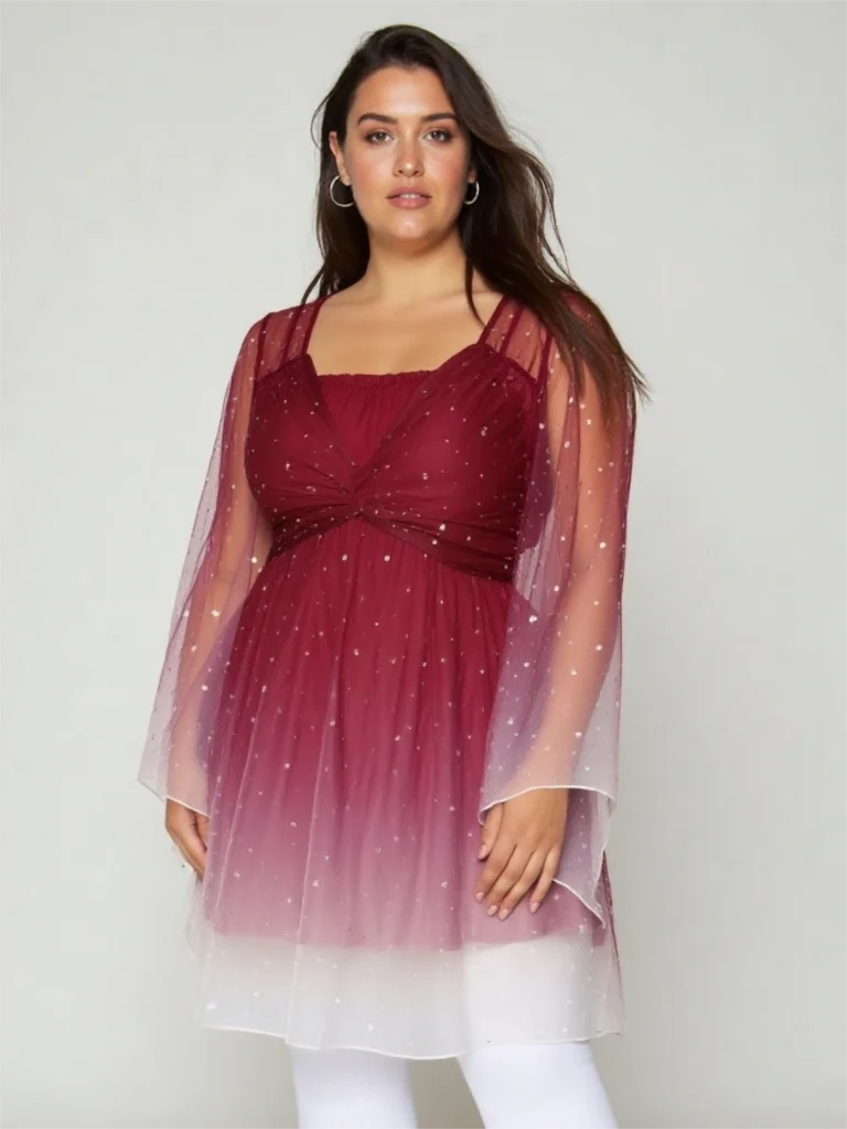 ROSEGAL المرأة حجم كبير تي شيرت نجوم الفضة ختم أومبير طباعة شبكة تويست الكشكشة Ruched مضيئة الأكمام بلايز زي أحمر