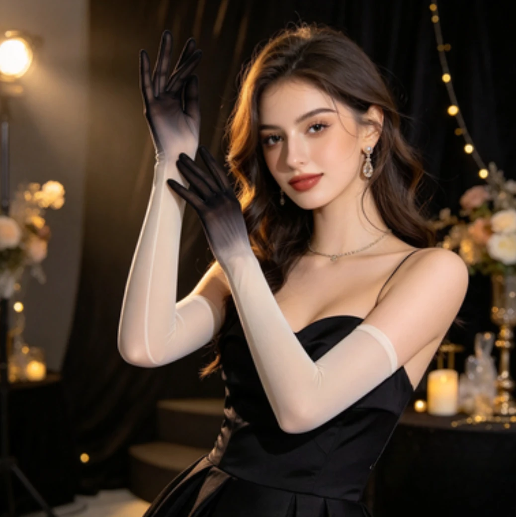 Women Gradient Color Tulle Ultra Long Stockings Gloves Tight High Elasticity Breathable Cosplay Stage Performance Sexy