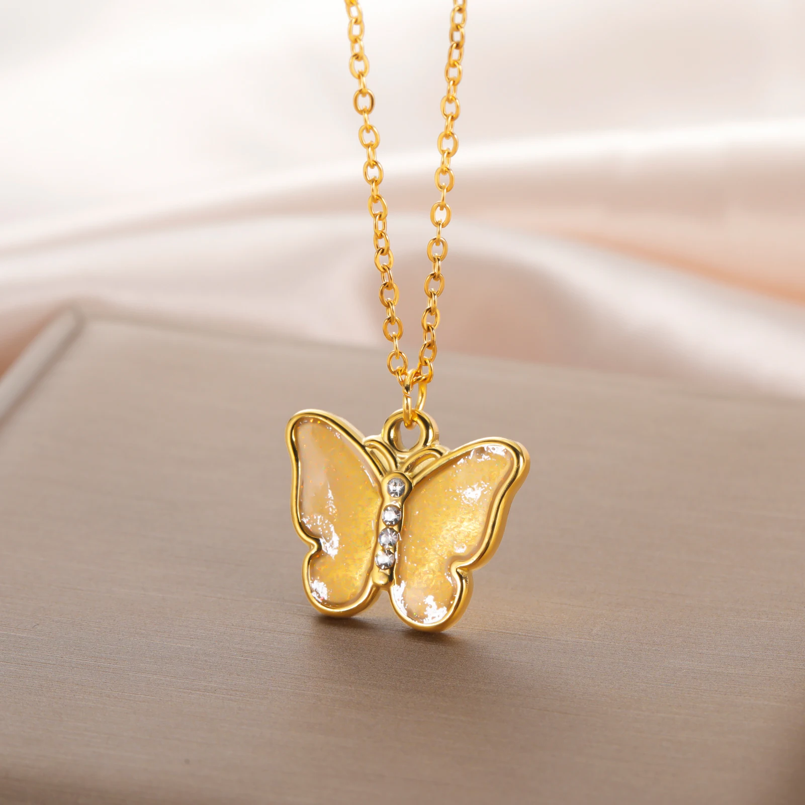 COOLTIME Enamel Butterfly Pendant Necklace for Women Stainless Steel Gold Color Fashion Aesthetics Trend Jewelry Gift Wholesale