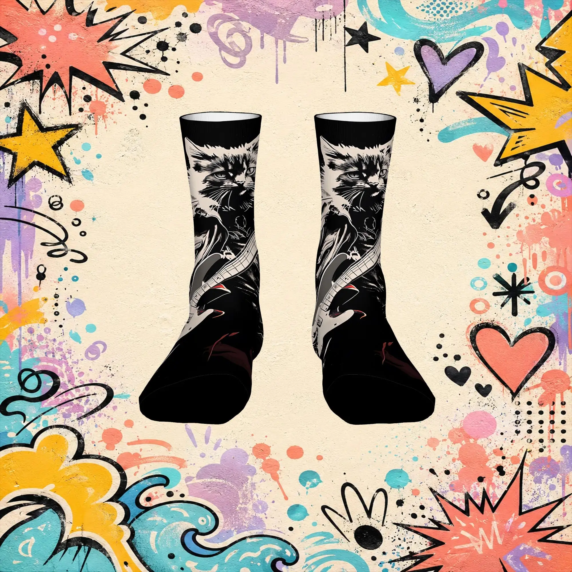 Punk Cat Guitar Print Funny Men's compression Socks Unisex items Crew Sock Cycling socks