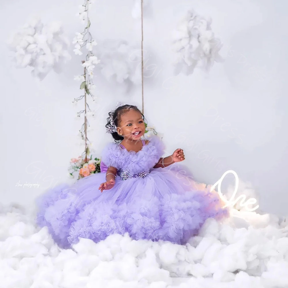 Abito da ragazza di fiori per bambini per matrimonio con spalle scoperte e perline, abito da principessa in tulle a strati, abito da festa di compleanno personalizzato