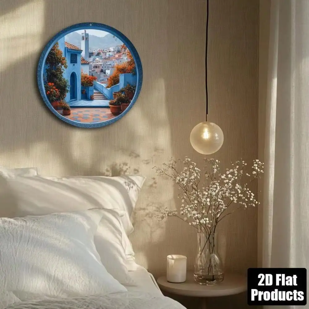 Brand Moroccan Iron Wall Art Blue Cityscape Metal Sign 8x8 Inch Round Colorful Rooftop Garden Decor for Home Cafe Living Room