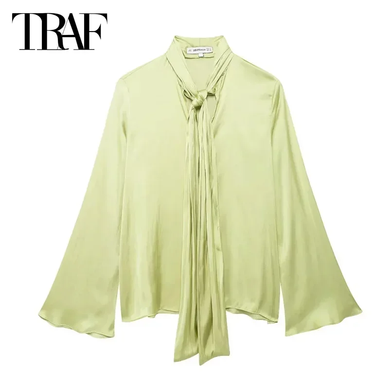 TRAF Women\'s Shirts Green Butterfly Shirts Shirts&Blouses 2024 Autumn Pleated Black Long Sleeve Blouses Elegant Trendy Shirts