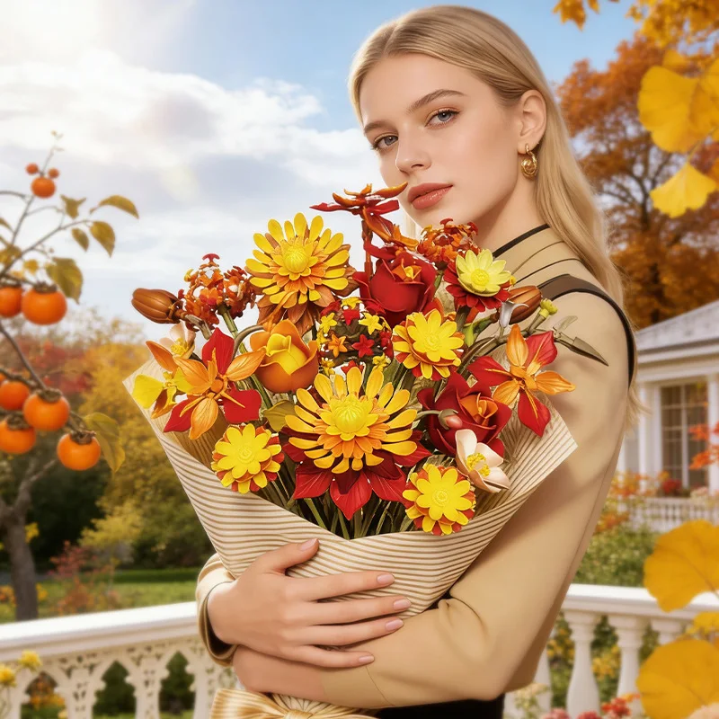 

711PCS MOC Yellow Preserved Flower Model Building Blocks City Home Decor Bouquet Plants Bricks Toy Mother’s Valentine’s Day Gift