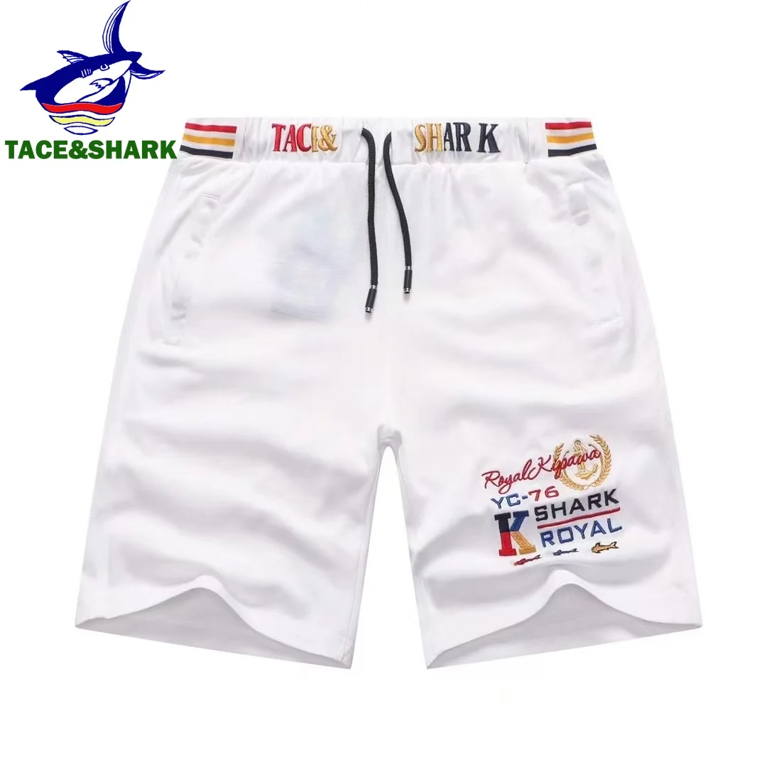 TACE&SHARK Men's White Casual Shorts with Embroidered Logo - Summer Cotton Beach Shorts for Men Business