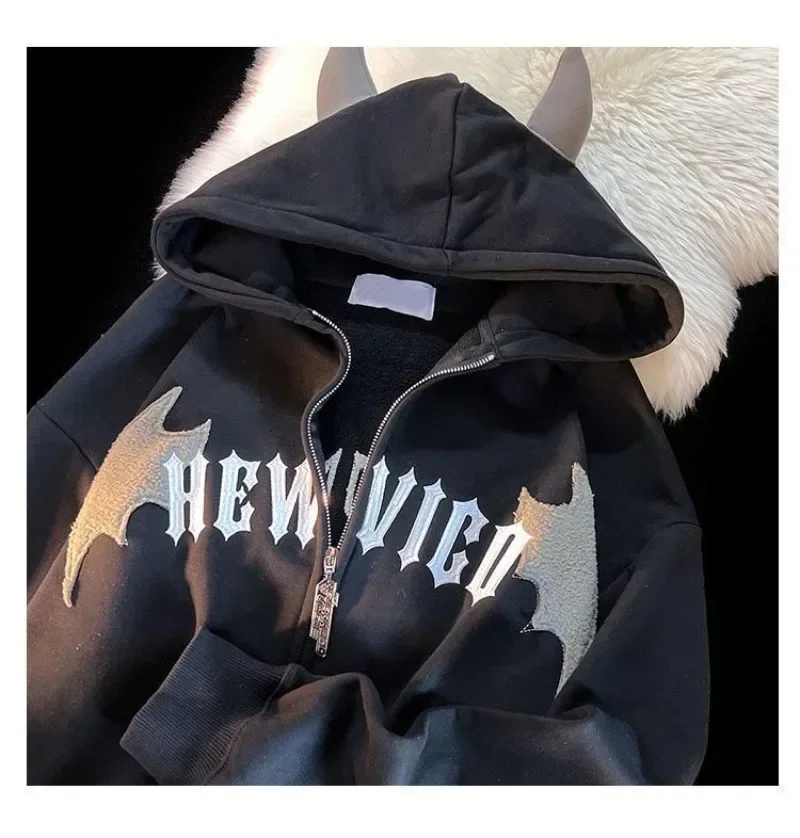 Y2k American Retro Little Devil Horn Hoodies Women Letter Embroidery Zipper Hooded Sweatshirt Harajuku Casual Loose Jacket Coats