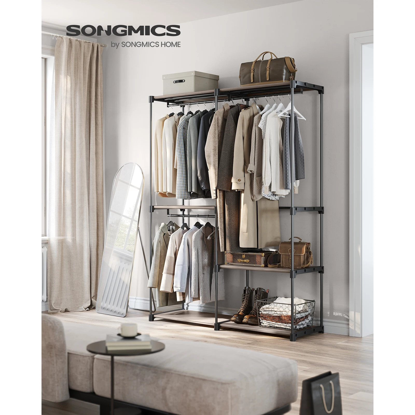 SONGMICS Clothes Wardrobe, Portable Closet, Clothes Garment Rack, 3 Hanging Rods and Shelves, Large Capacity for Living Room