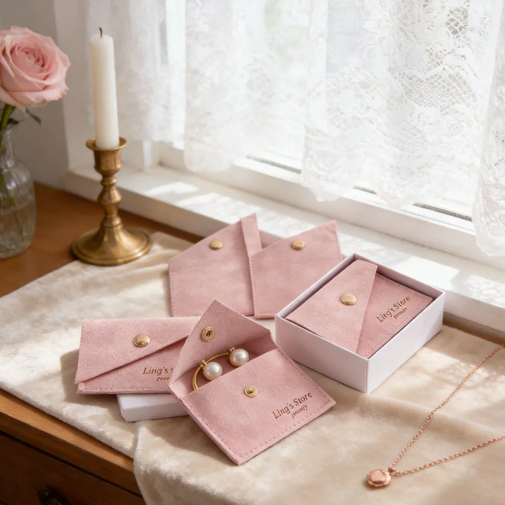 

100Pcs Personalized Logo Mini Pink Jewelry Snap Bag Bevel Style Envelope Button Purse Key Rings Earrings Studs Headset Organizer