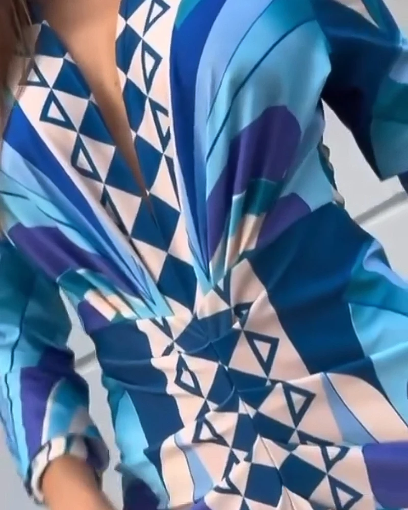 Womens Dresses 2025 Spring New Geometric Print Plunge V Neck Long Sleeve Bodycon Midi Dress Casual Slim Fit Ruched Slit Dress