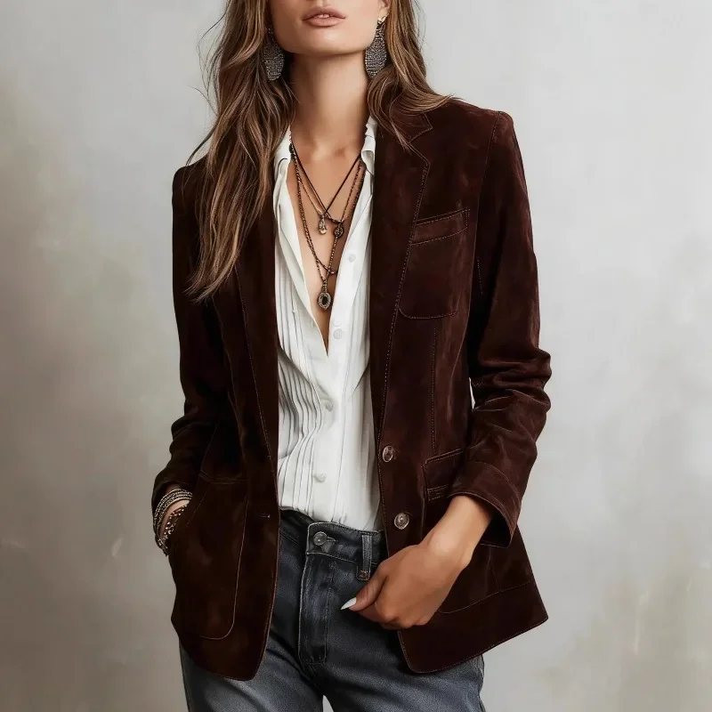 Spring Autumn Notched Collar Single Breasted Full Sleeve Blazer Coat Multiple Pockets Street Wear Fashion Women's Solid Jacket