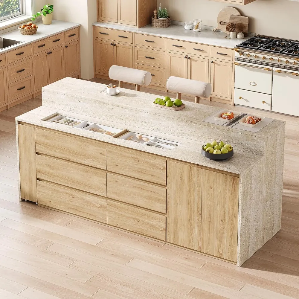 جزيرة مطبخ على سطح الطاولة بطبقة مزدوجة مع خزانة تخزين وأرفف قابلة للتعديل، تتميز بـ 6 أدراج