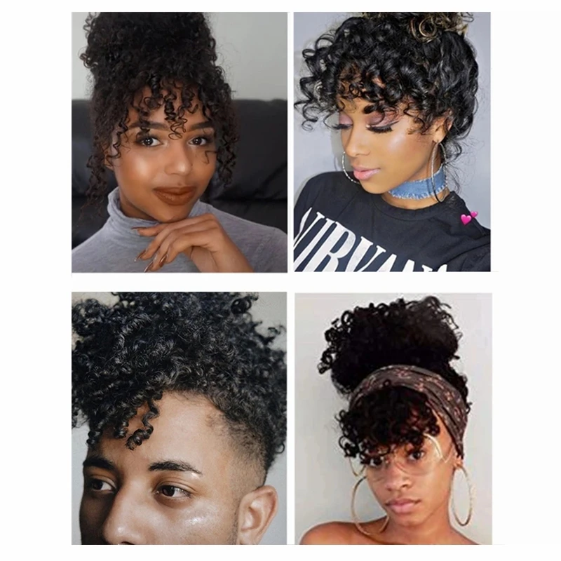 100% 本物の人毛カーリーバングス黒人女性用ショートアフロキンキーカーリーバングスクリップインバングス（1B、シングルバングス）日常使用