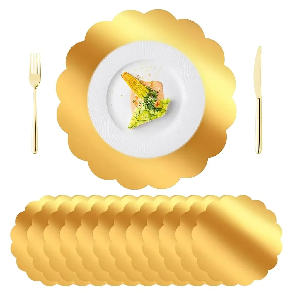 

100 шт. золотых салфеток с фигурным краем, 13,5 дюймов, одноразовые бумажные подставки для обеденного стола, зеркальные золотые подставки-плейсматы для сервировки