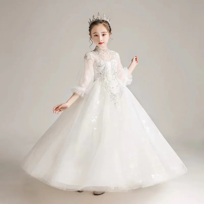 Toddler Girl Flower Birthday abito in Tulle bianco abito da sposa in pizzo con paillettes abbigliamento da festa per bambini abito da principessa