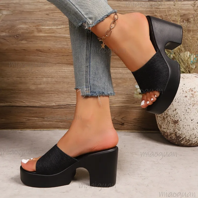 

Women's Denim High Heel Mule Slippers Chunky Block Heel Slide Sandals Open Toe Casual Summer Fashion Shoes Zapatos De Mujer
