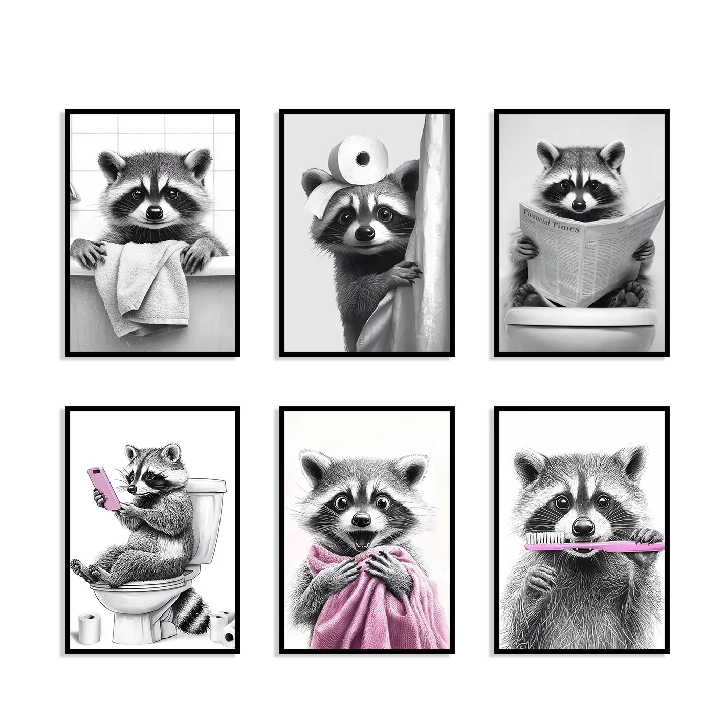 

Fun Raccoon Bathroom Canvas Poster Animal-Themed Black & White Wall Art Modern Home Decor Suitable for Bathrooms & Restrooms