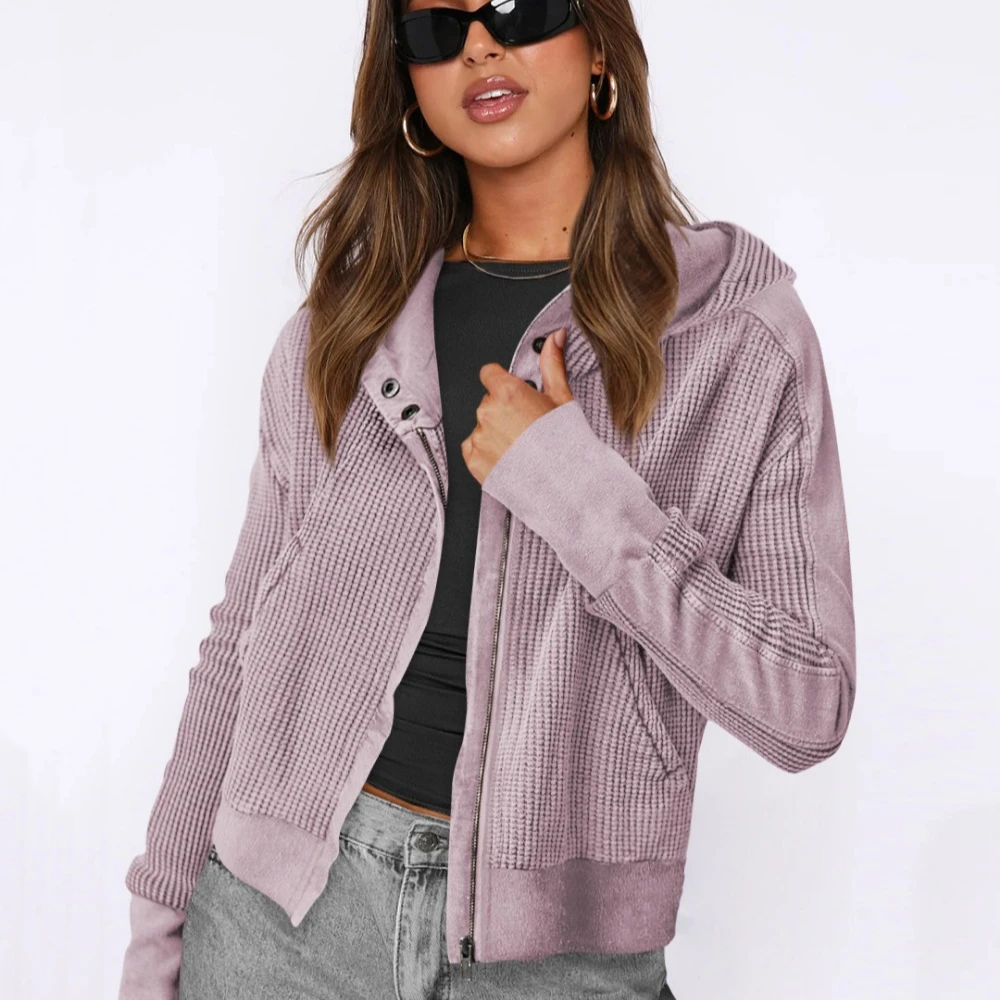 Women's Zip Up Hooded Sweatshirt Waffel Pocket Short Knit Sweater Jacket Solid Long Sleeve Spliced Sweatshirt Hoodies