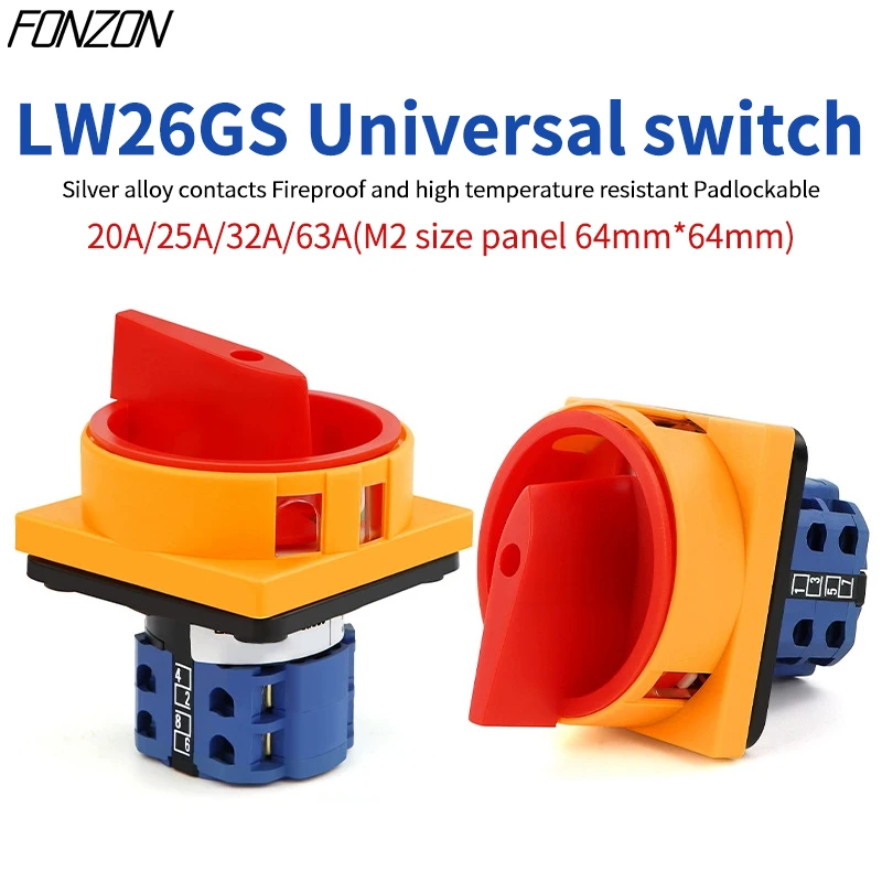 1Pcs Changeover Switch LW26GS 380V 2Pole Universal Rotary Cam Selector Transfer Switch20A 25A 32A M2 64MM*64MM